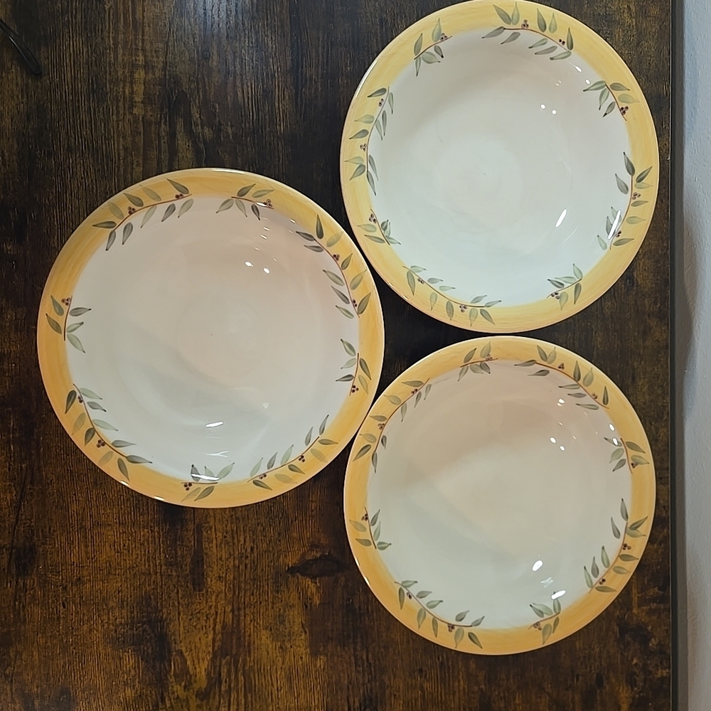 Crate&Barrel Brittany Salad Pasta Bowls Set Of 3 Olive Branch 9x2.25